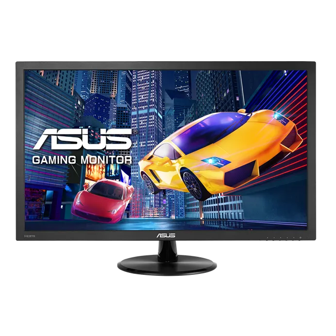 شاشة **ASUS VP228HE** قياس 21.5 بوصة، بدقة FHD (1920x1080)، ومعدل تحديث 75Hz مع زمن استجابة سريع 1ms (GtG) ومكبرات صوت مدمجة.